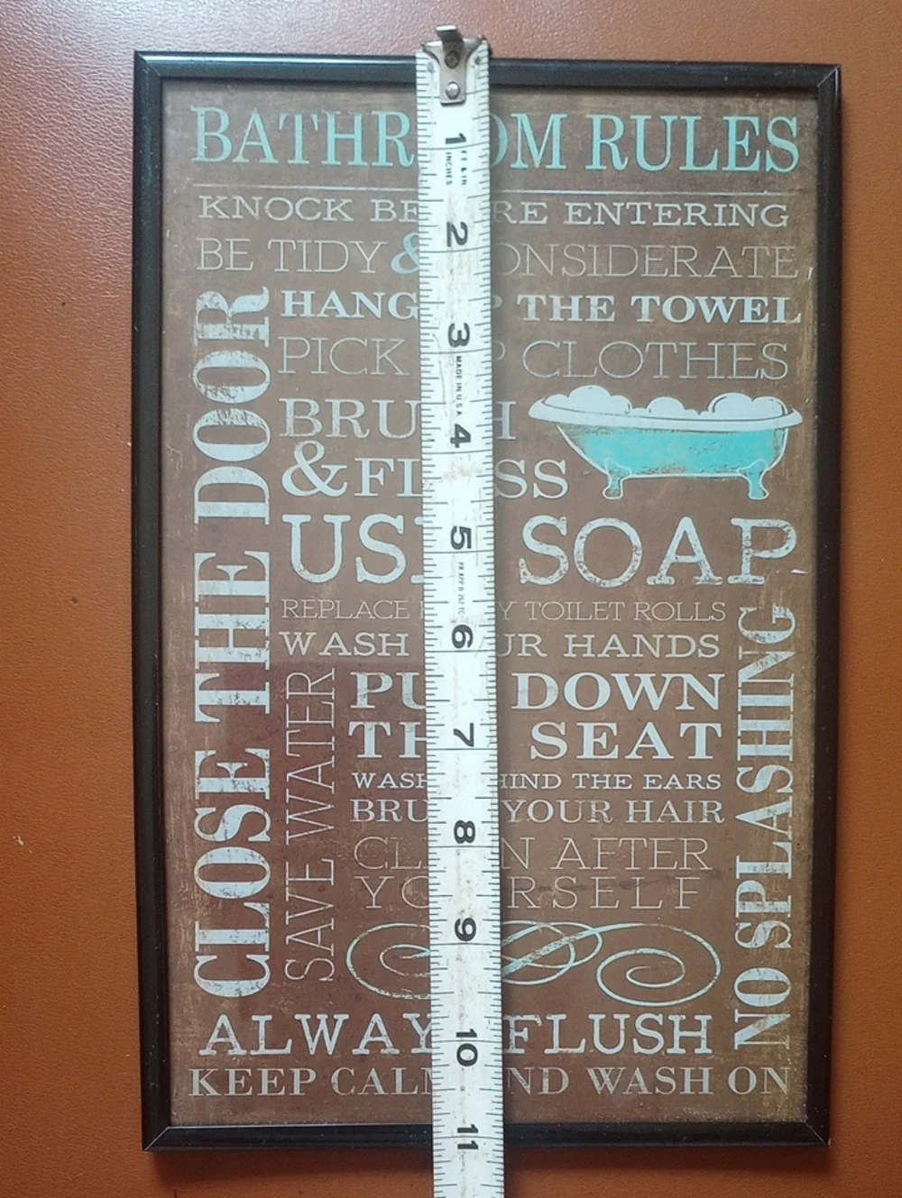 Bathroom Rules Brown, Blue & Aqua Wall Art Decor in Black Frame w/ Glass